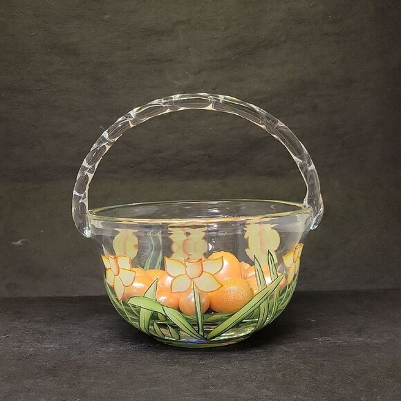 Vintage, Saks Fifth Ave, Crystal, Hand Painted, Handled Basket, 7 IN, Floral - Picture 1 of 8